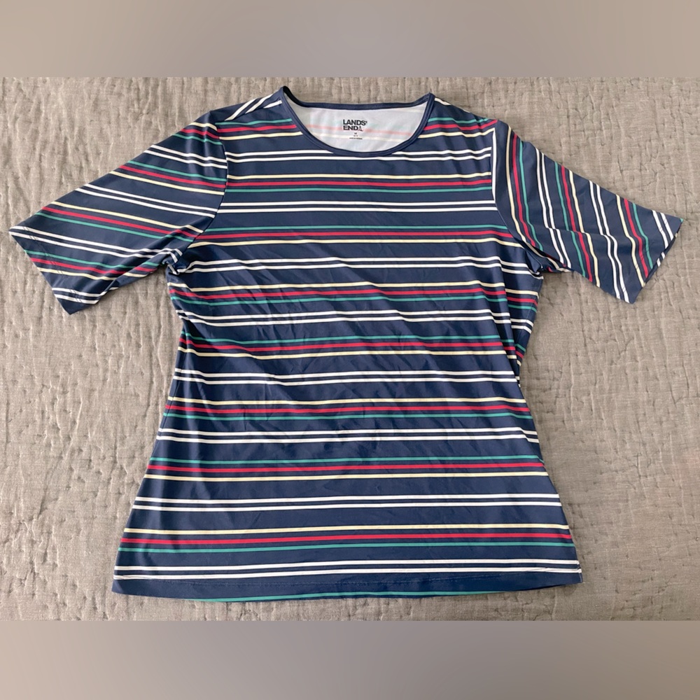 Lands' End Women's Short Sleeve Striped Sun Tee Navy Blue Red UPF 50+ Nylon